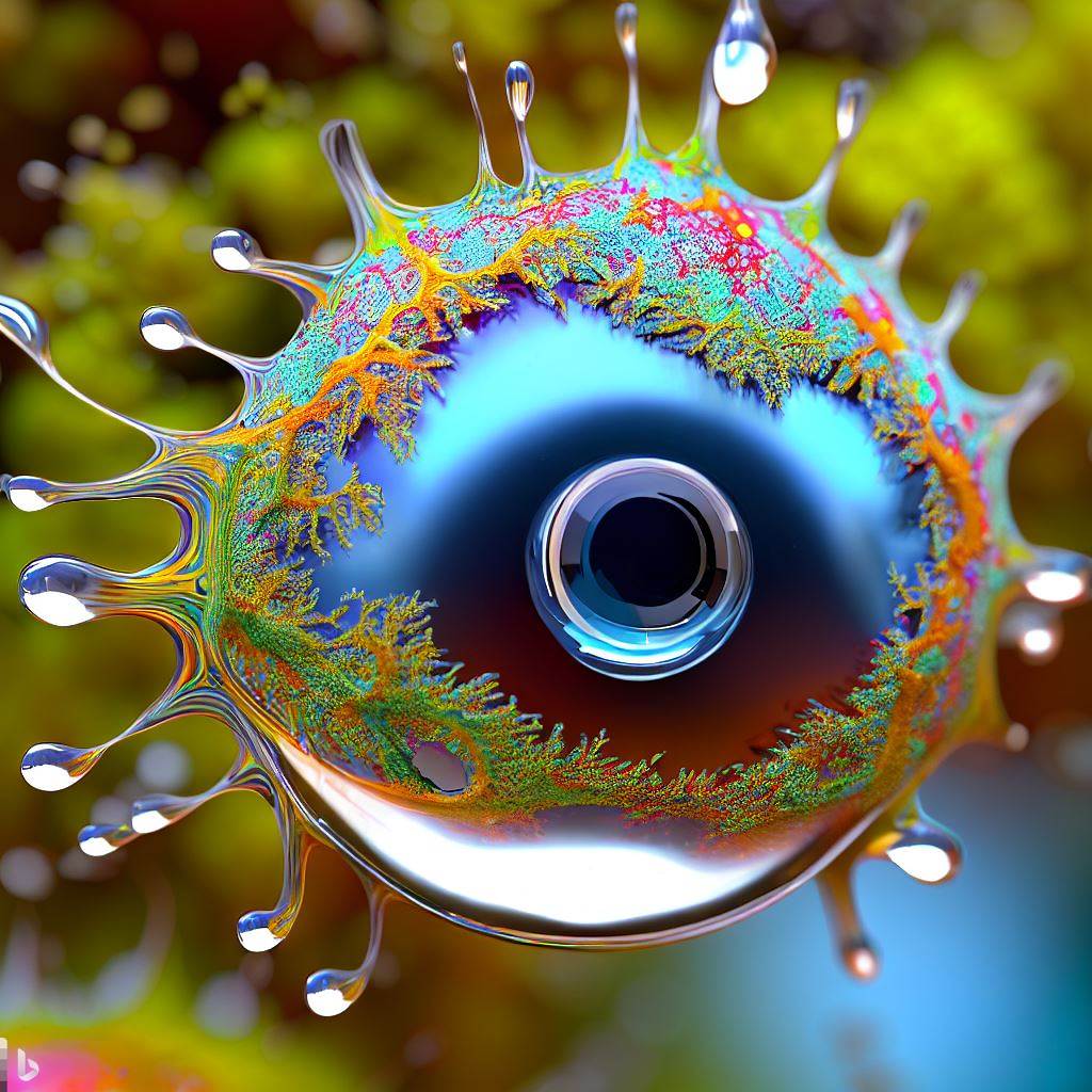 3D hyper-detailed joyfully bursting spattering raindrop with lichen nano-circuitry woven into iris-stroma eye-pupil at its core, spattering wet rainforest moss synapses, mirroring recursion.jpg